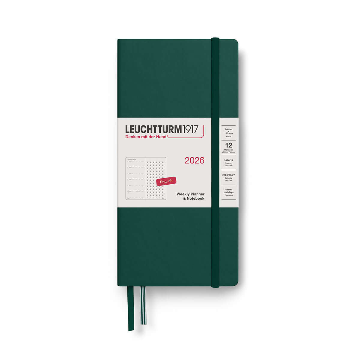 Leuchtturm1917 Wallet Notebook B6+ × A6 Hardcover in green, 90 × 190 mm, ideal for notes and lists, featuring classic durable design.