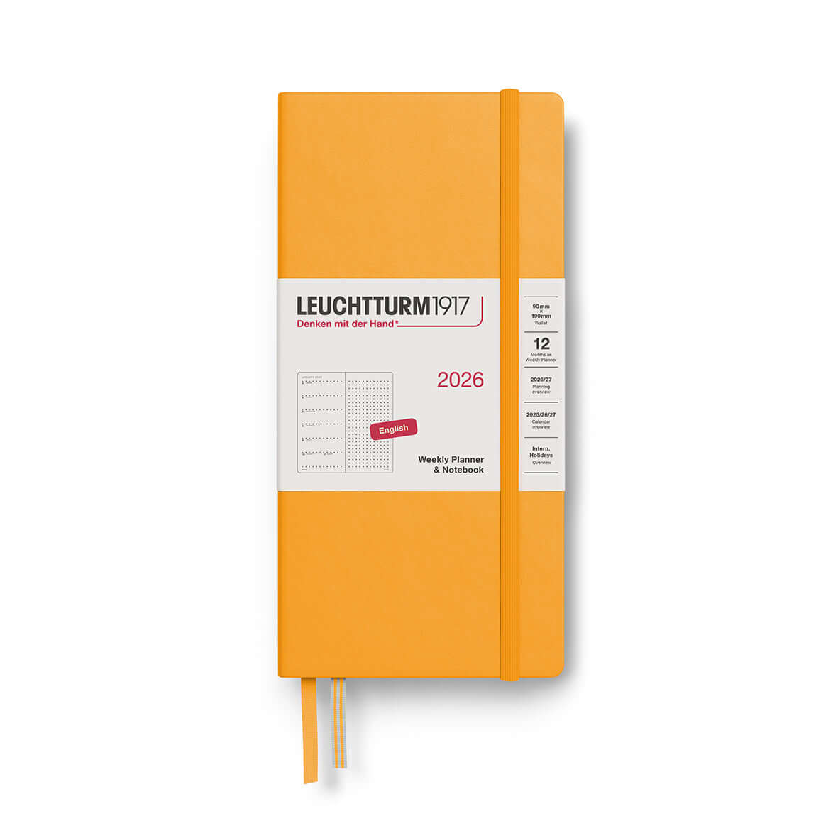 Leuchtturm1917 yellow hardcover wallet notebook, B6+ × A6 size, ideal for organization and notes, with elastic closure, 2026 edition.