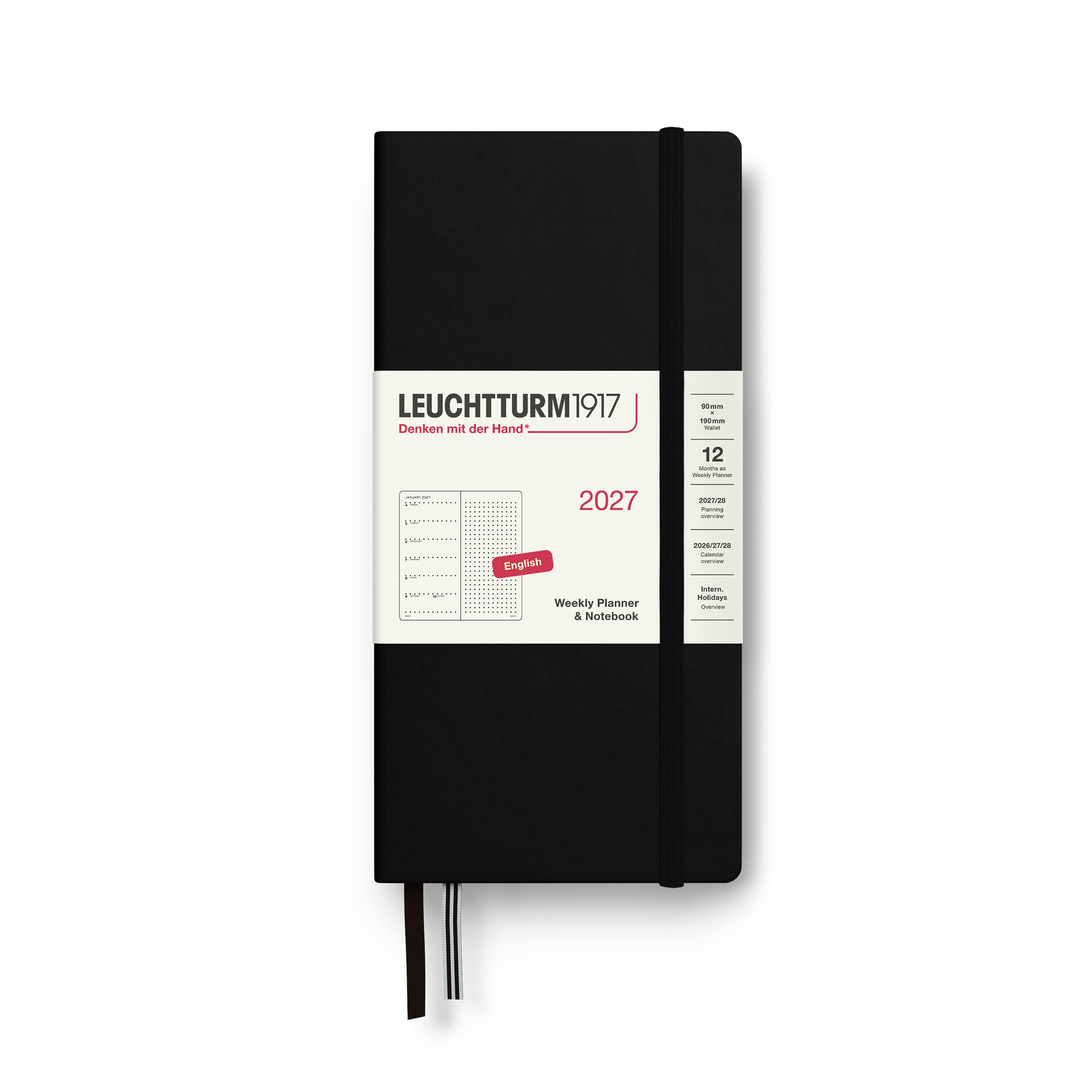 Leuchtturm1917 Weekly Planner & Notebook 2027 - Wallet (B6+ x A6) Hardcover, Dotted - Black