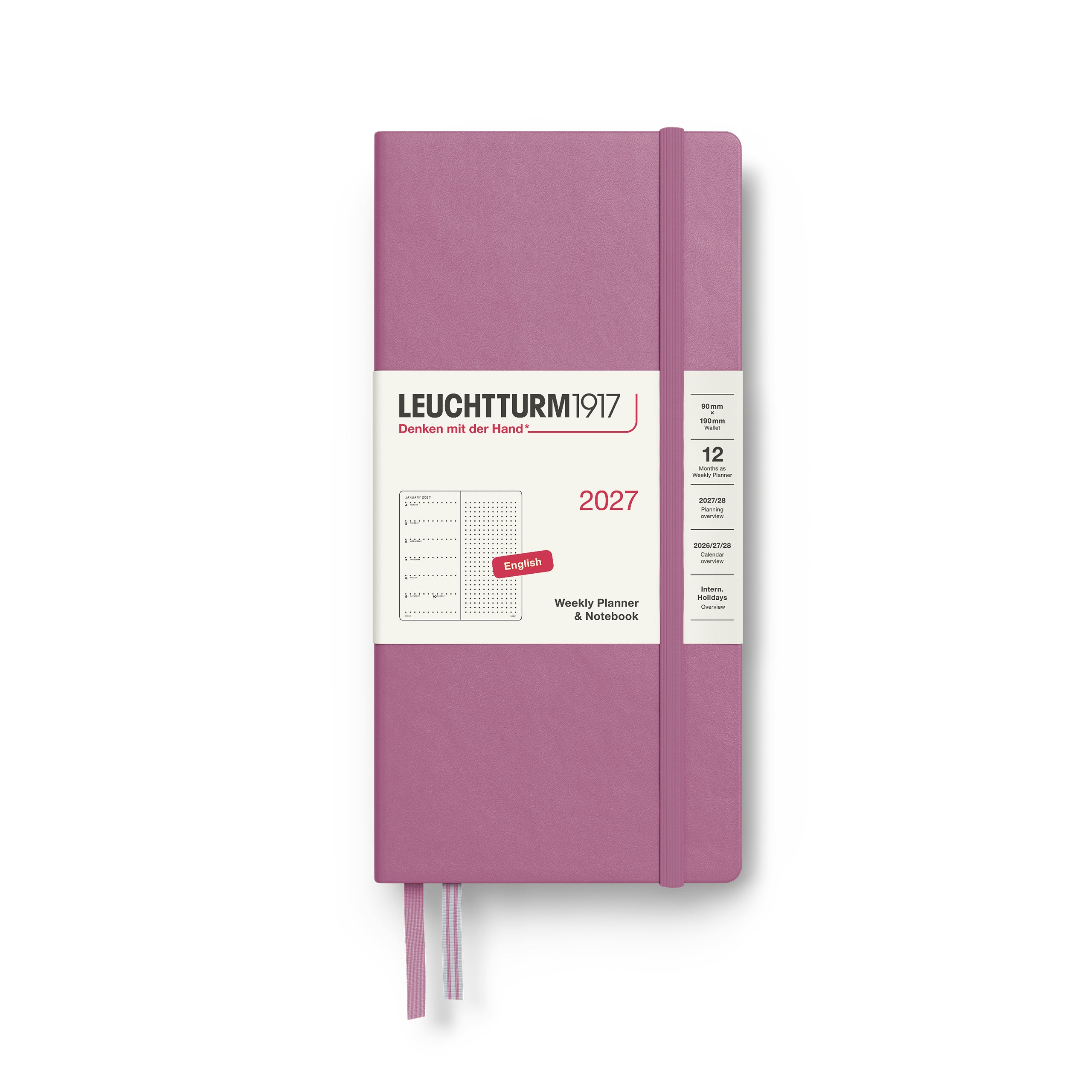 Leuchtturm1917 Weekly Planner & Notebook 2027 - Wallet (B6+ x A6) Hardcover, Dotted - Dusty Rose