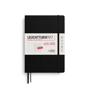 Leuchtturm1917 A5 Weekly Planner & Notebook for 2025-2026, sleek black cover, 18 months for planning and note-taking.