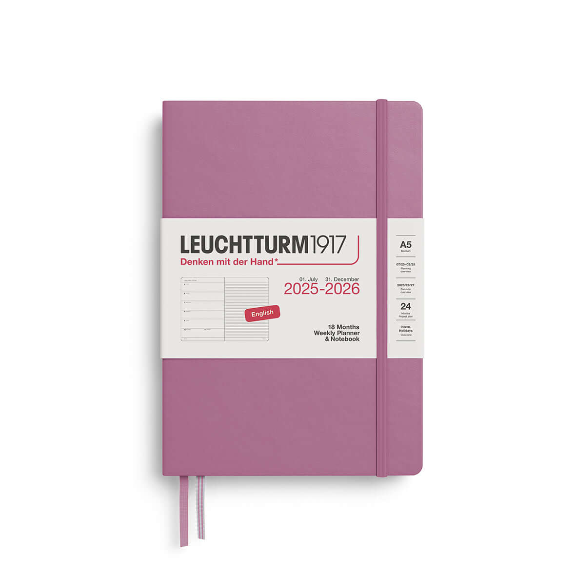 Pink A5 weekly planner and notebook for 2025-2026 with 18 months of planning and note-taking features.