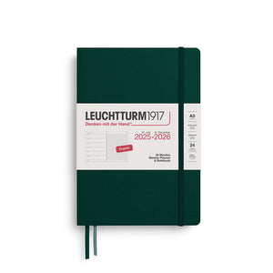 A5 medium Weekly Planner & Notebook in green, covering July 2025 to December 2026, featuring weekly spreads and ruled pages.