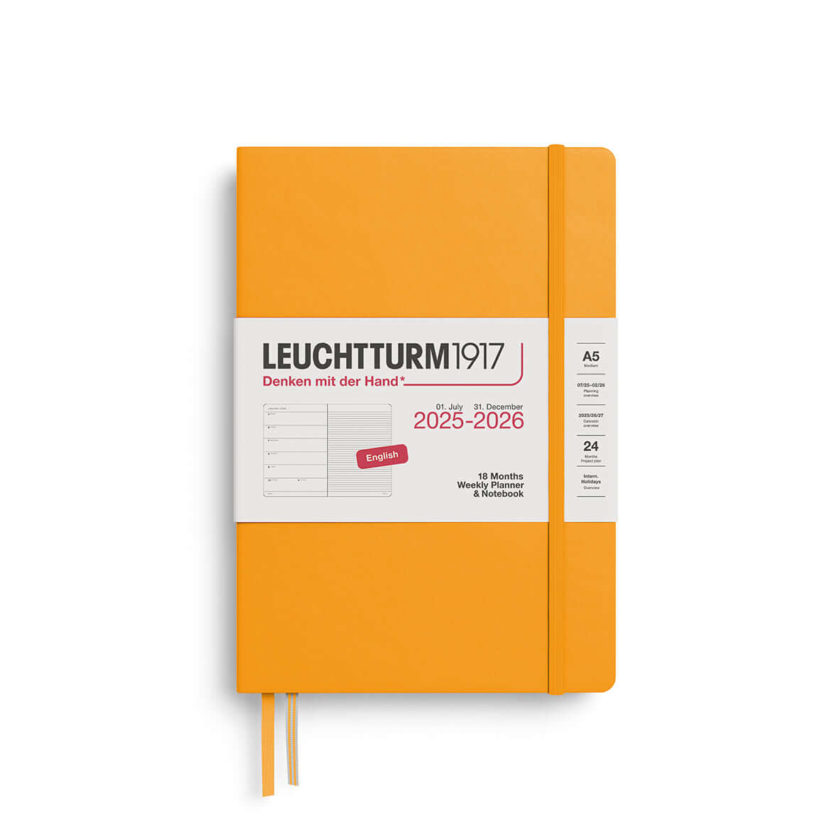 Leuchtturm1917 A5 medium weekly planner and notebook, orange cover, 18 months, July 2025 to December 2026.