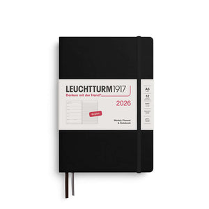 Leuchtturm 2026 Weekly Planner & Notebook A5 hardcover, black, showing front cover with label detailing features and English language
