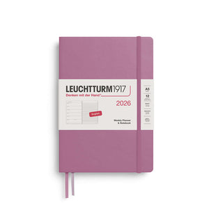Leuchtturm Weekly Planner & Notebook 2026 in pink A5 hardcover, showcasing 12-month weekly organizer and lined pages for notes.