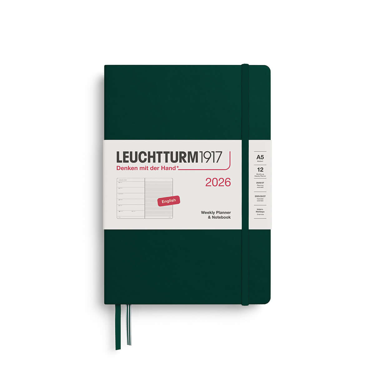 Leuchtturm 2026 medium A5 hardcover weekly planner and notebook in green, showing elastic band closure and dual ribbons.