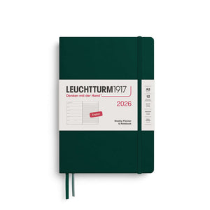 Leuchtturm 2026 medium A5 hardcover weekly planner and notebook in green, showing elastic band closure and dual ribbons.