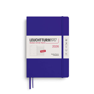 Leuchtturm 1917 Weekly Planner & Notebook 2026 Medium A5 Hardcover in Blue, showing cover with elastic closure and bookmark ribbons