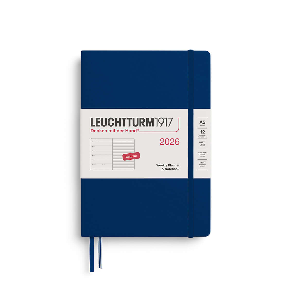 Leuchtturm 2026 Weekly Planner & Notebook, Medium A5 Hardcover, Navy Blue, 12-month planner, dual-page layout, with elastic closure