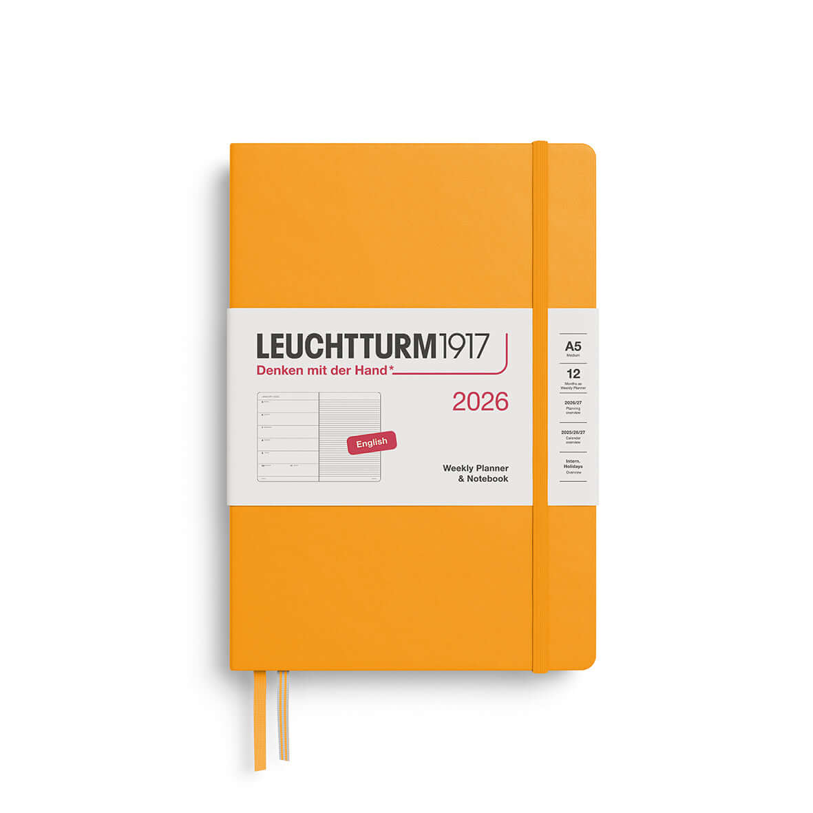 Leuchtturm Weekly Planner 2026 A5 Hardcover in orange with elastic closure and ribbon bookmarks, ideal for schedules and notes.