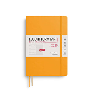 Leuchtturm Weekly Planner 2026 A5 Hardcover in orange with elastic closure and ribbon bookmarks, ideal for schedules and notes.