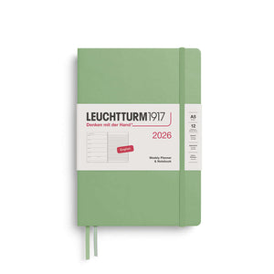 Leuchtturm 2026 Weekly Planner & Notebook in A5 size with green hardcover, featuring planner pages and lined notebook layout.