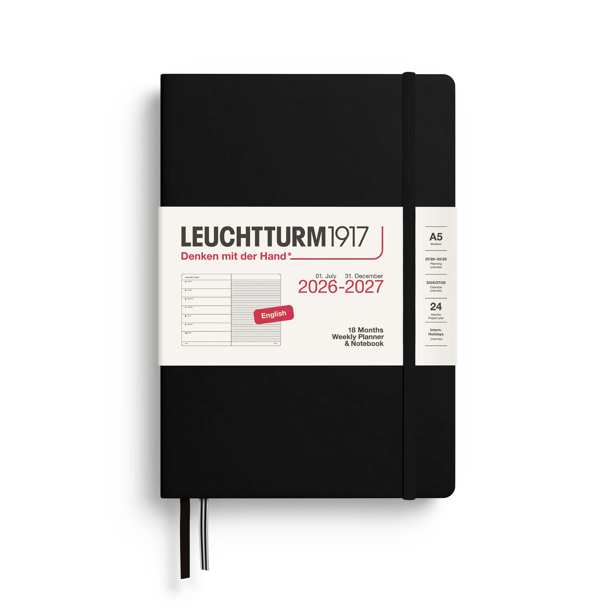Leuchtturm1917 A5 weekly planner 2027 in black hardcover with 18 months of weekly and notebook pages.