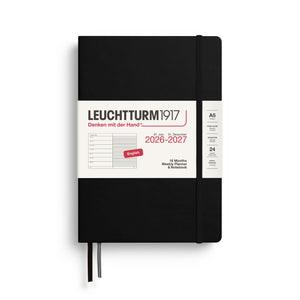Leuchtturm1917 A5 weekly planner 2027 in black hardcover with 18 months of weekly and notebook pages.