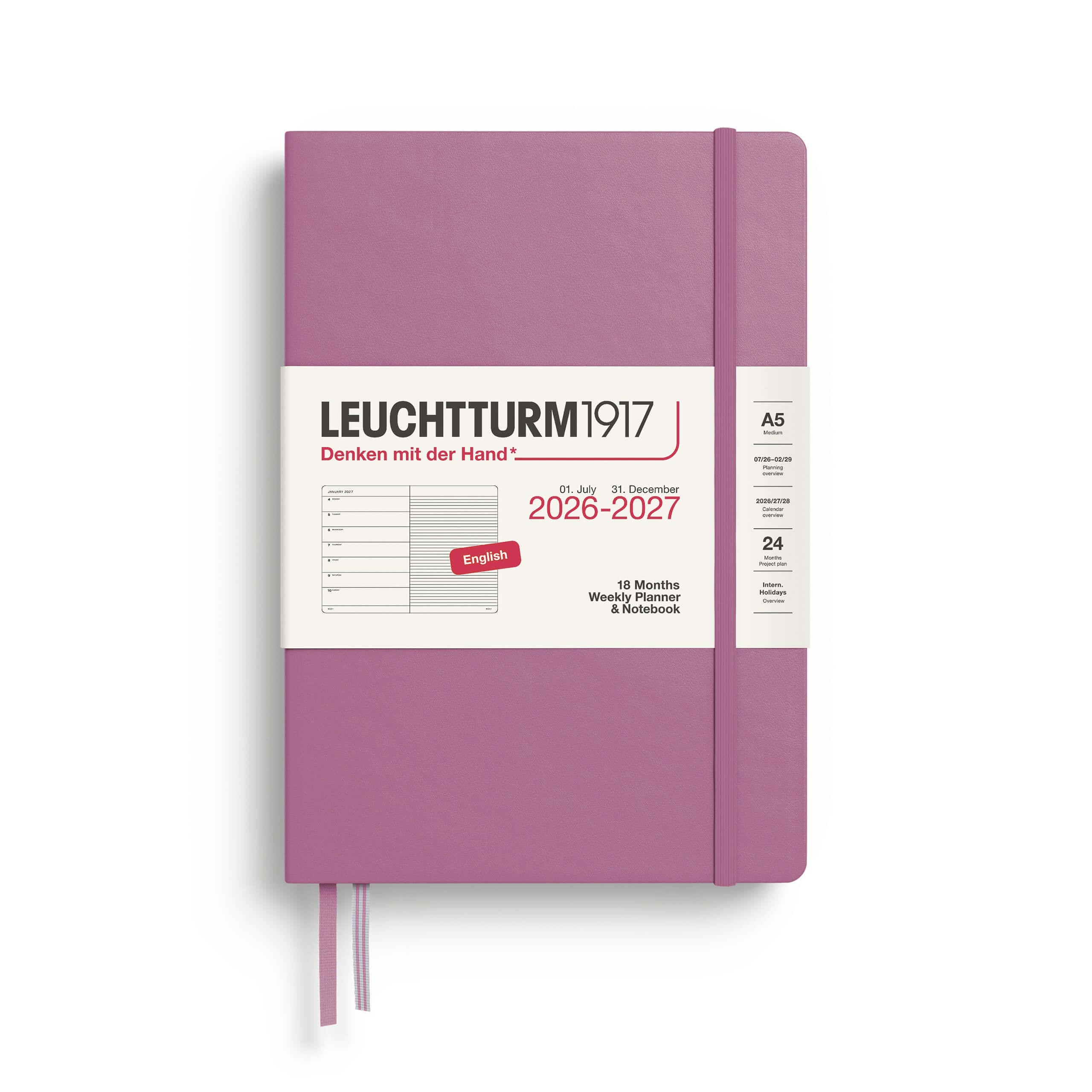 Leuchtturm1917 A5 weekly planner 2027 in Dusty Rose with 18 months of planning from July 2026 to December 2027.