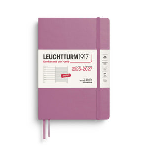 Leuchtturm1917 A5 weekly planner 2027 in Dusty Rose with 18 months of planning from July 2026 to December 2027.