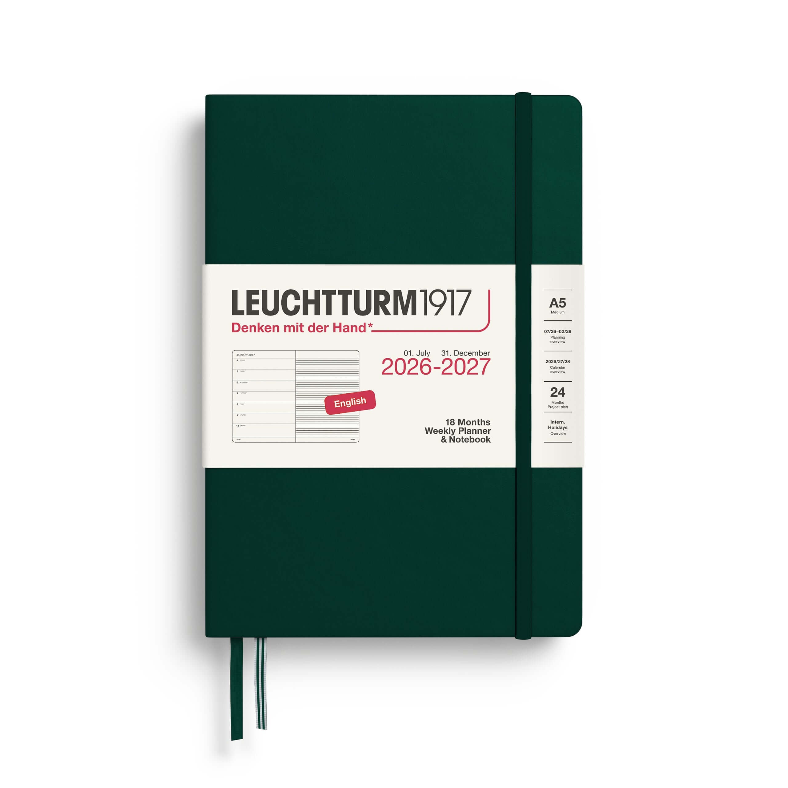 Leuchtturm1917 A5 weekly planner 2027 in Forest Green color, hardcover with ruled pages, 18 months planning