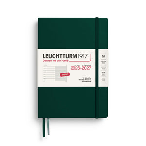 Leuchtturm1917 A5 weekly planner 2027 in Forest Green color, hardcover with ruled pages, 18 months planning