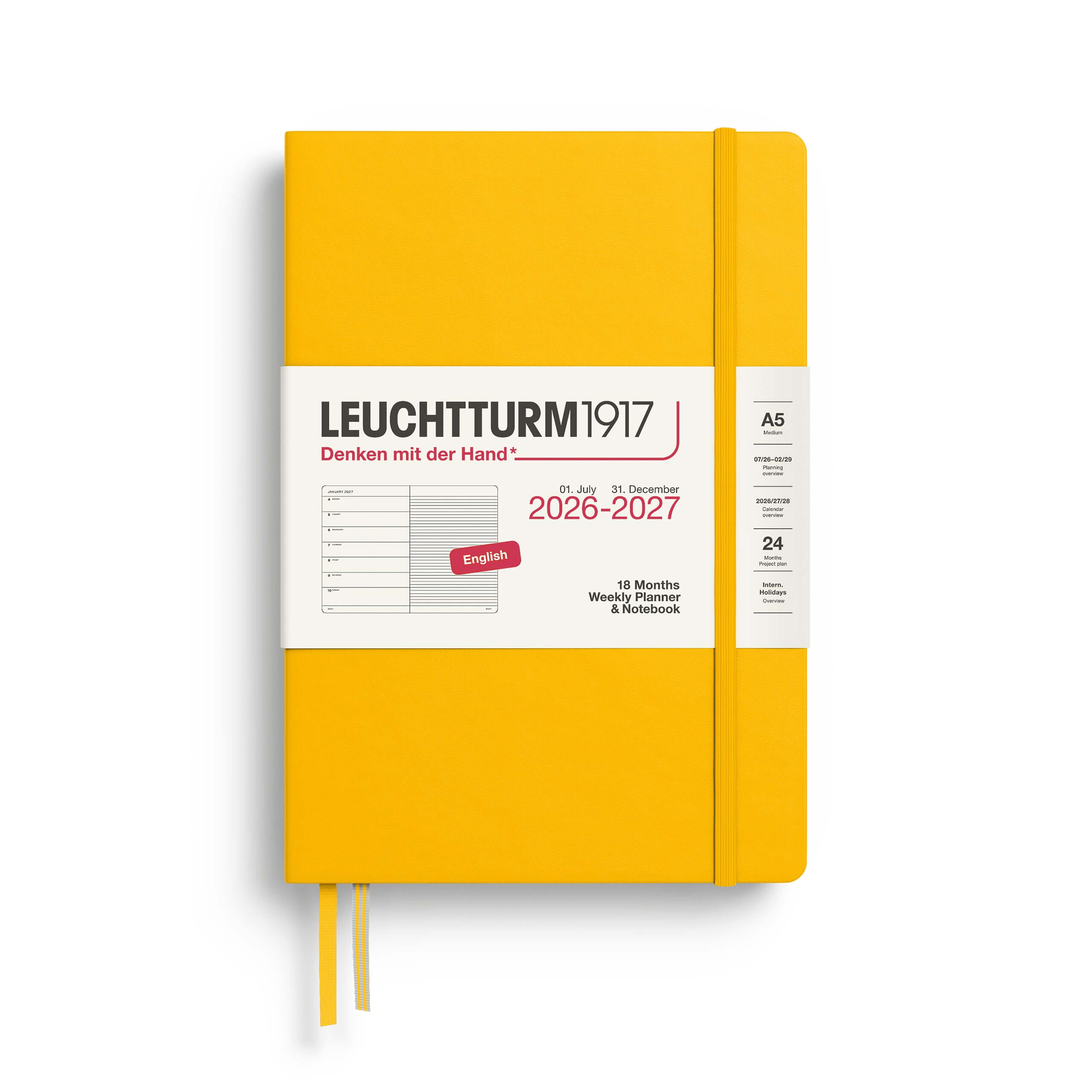 Leuchtturm1917 A5 weekly planner 2027 in bright yellow hardcover for 18 months of planning.