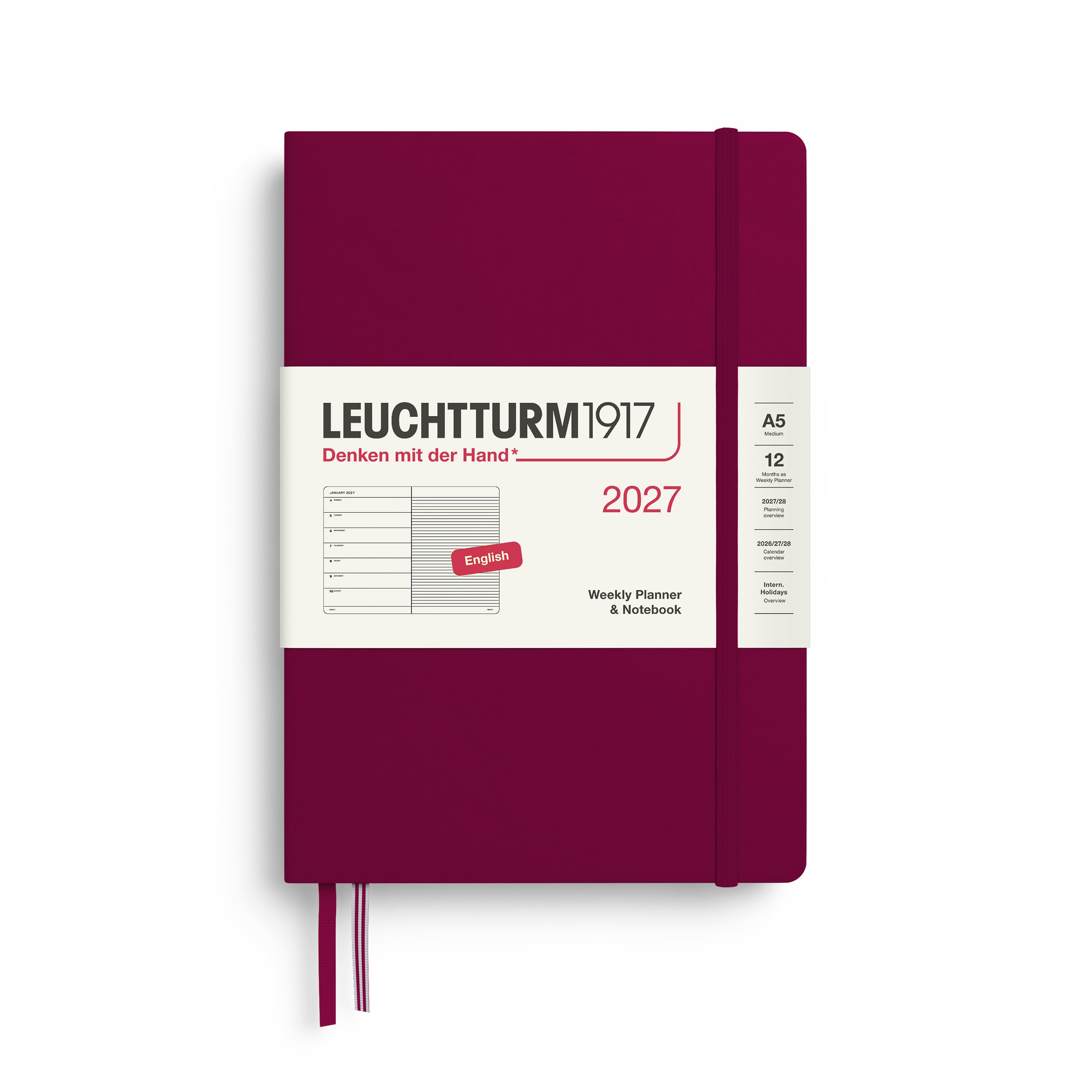 Leuchtturm1917 Weekly Planner & Notebook 2027 - A5 Medium Hardcover - Port Red