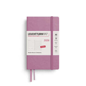 Leuchtturm 2026 Weekly Planner & Notebook, Pocket A6, Hardcover, in purple with elastic closure and ribbons for organizing notes.