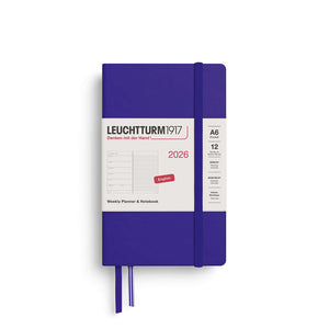 Leuchtturm Weekly Planner & Notebook 2026 in Pocket A6 size with purple hardcover, combines scheduling with note-taking, perfect for on-the-go use.