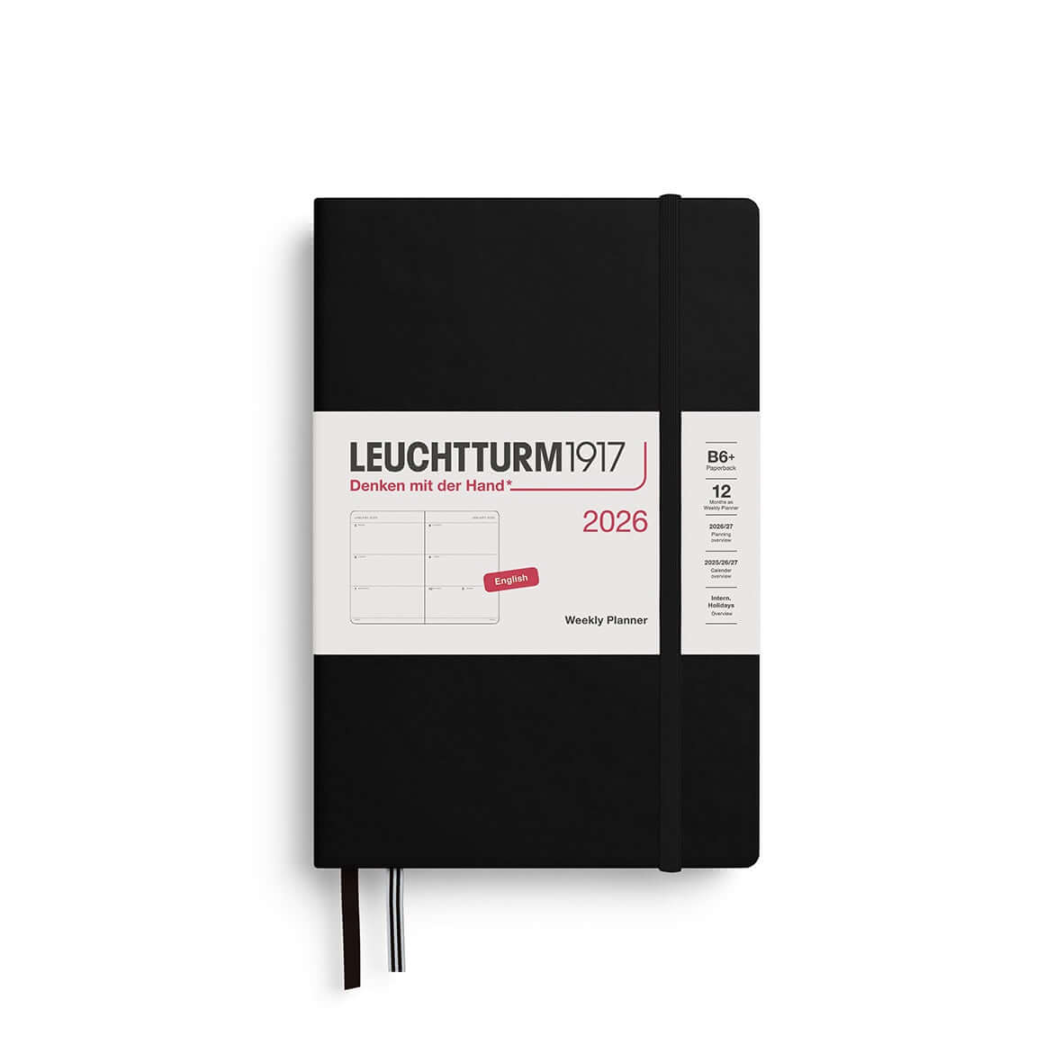 Weekly Planner Paperback (B6+) 2026, Black, English with one week per spread and detachable sheets.