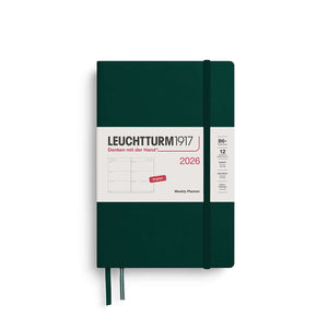 Leuchtturm 1917 Weekly Planner 2026 in green, B6+ paperback, features week-to-view layout and expandable pocket