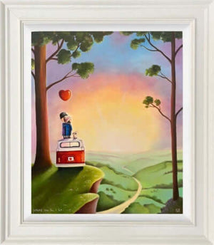 Where you go, I go by Michael Abrams - framed artwork of a couple with a dog on a van overlooking a scenic sunset landscape