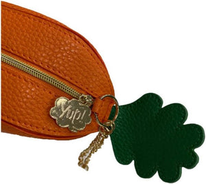 Yup! Carrot Zipped Pouch close-up showing textured material, gold zip and tag, green leafy design. Fun orange organizer for pens or makeup.