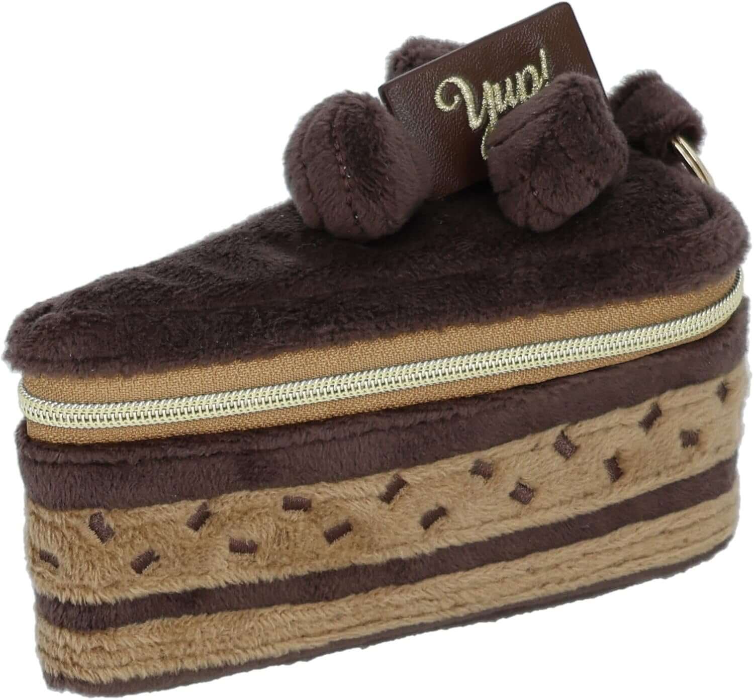 Yup! Chocolate Cake Zipped Pouch shaped like cake, soft-touch texture, ideal for organizing small items like makeup or snacks.