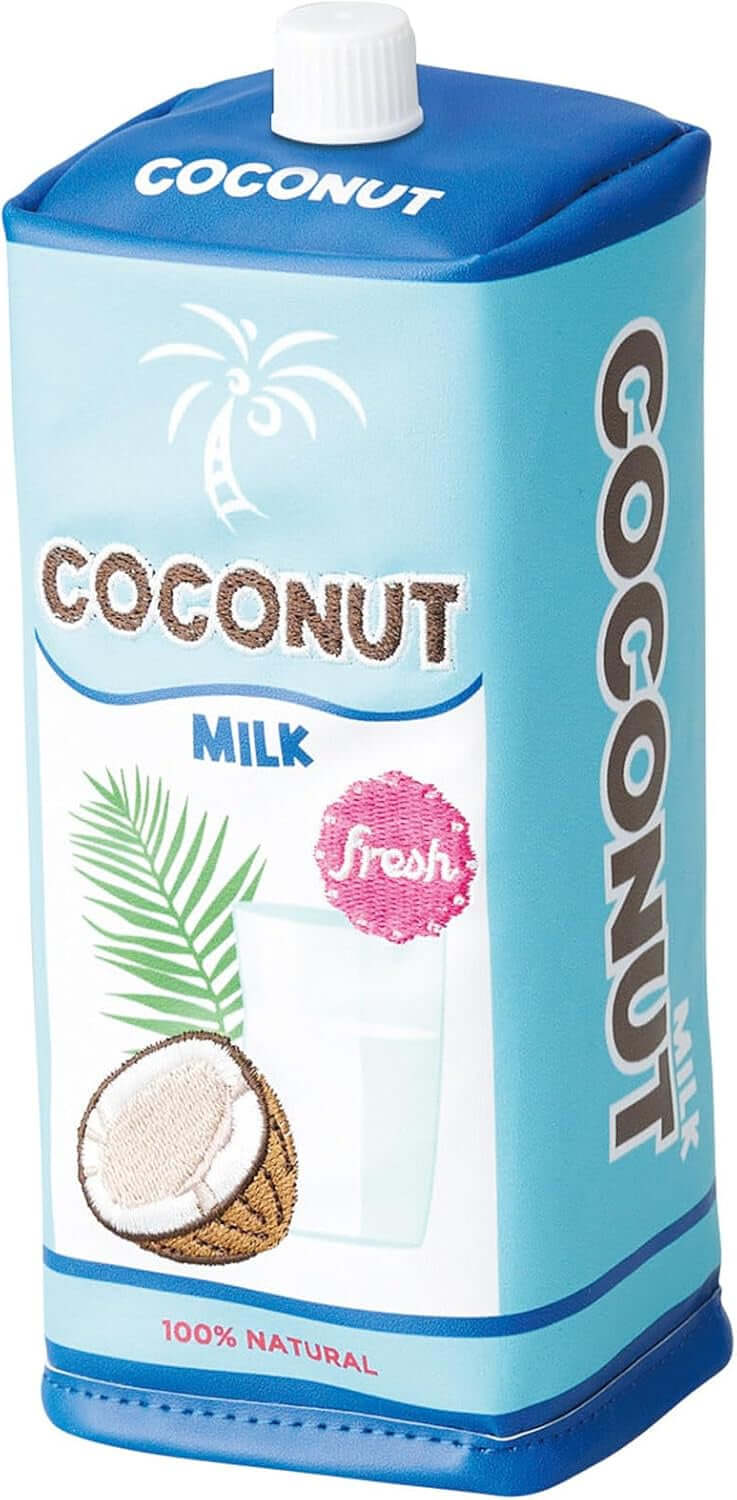 Yup! Coconut Bottle Zipped Pouch shaped like a coconut milk carton, perfect organizer for pens, makeup, or snacks. Fun and functional design.