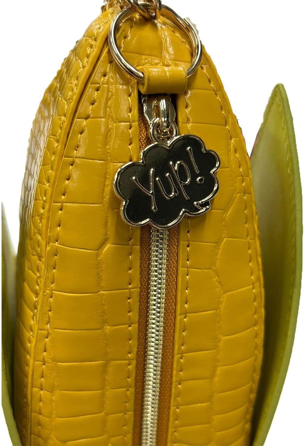 Yup! Corn Zipped Pouch in yellow with textured design, featuring a Yup! charm on the zipper; ideal for organizing pens or makeup.