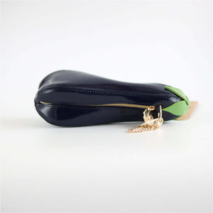 Yup! Eggplant Zipped Pouch, shaped like a real eggplant with soft-touch feel, shown on side with zipped closure for storage.