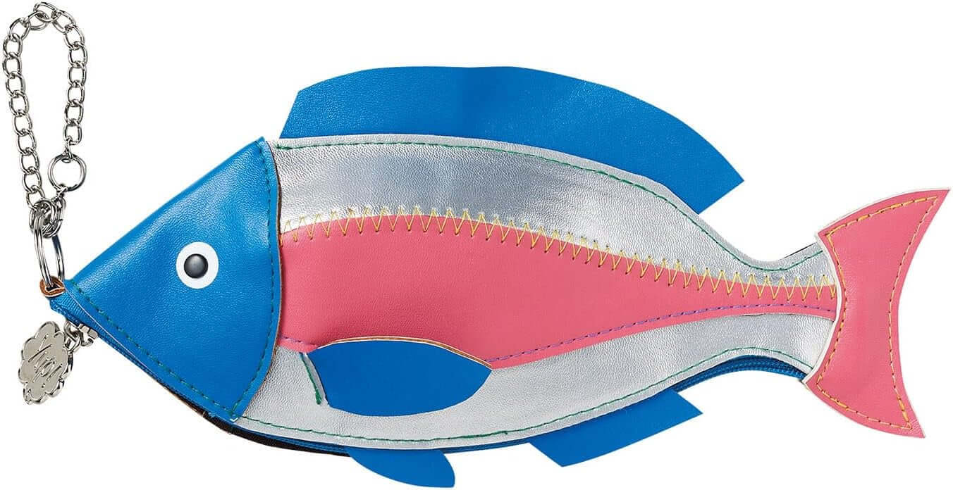 Blue fish-shaped zipped pouch with soft-touch feel, perfect for organizing pens, makeup, tech gear, or snacks. Fun and functional design.