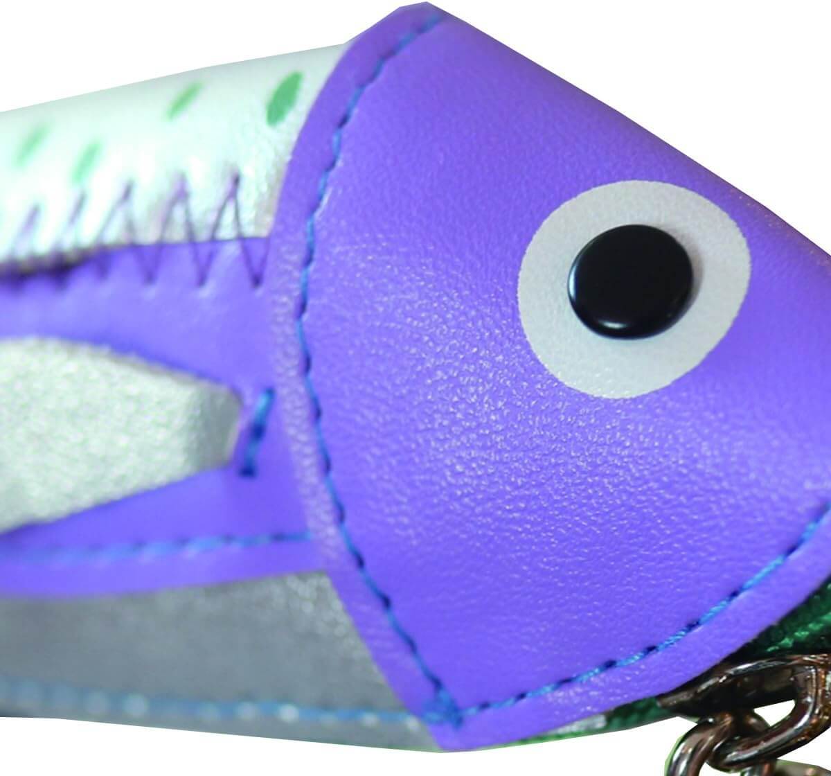 Purple fish-shaped pouch with zipper, soft-touch finish, and fun design. Ideal for organizing pens, makeup, tech gear, or snacks.