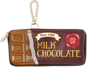 Yup! Milk Chocolate Zipped Pouch with chain, soft-touch feel, perfect for holding pens, makeup, snacks, and tech gear. Fun organizer gift.