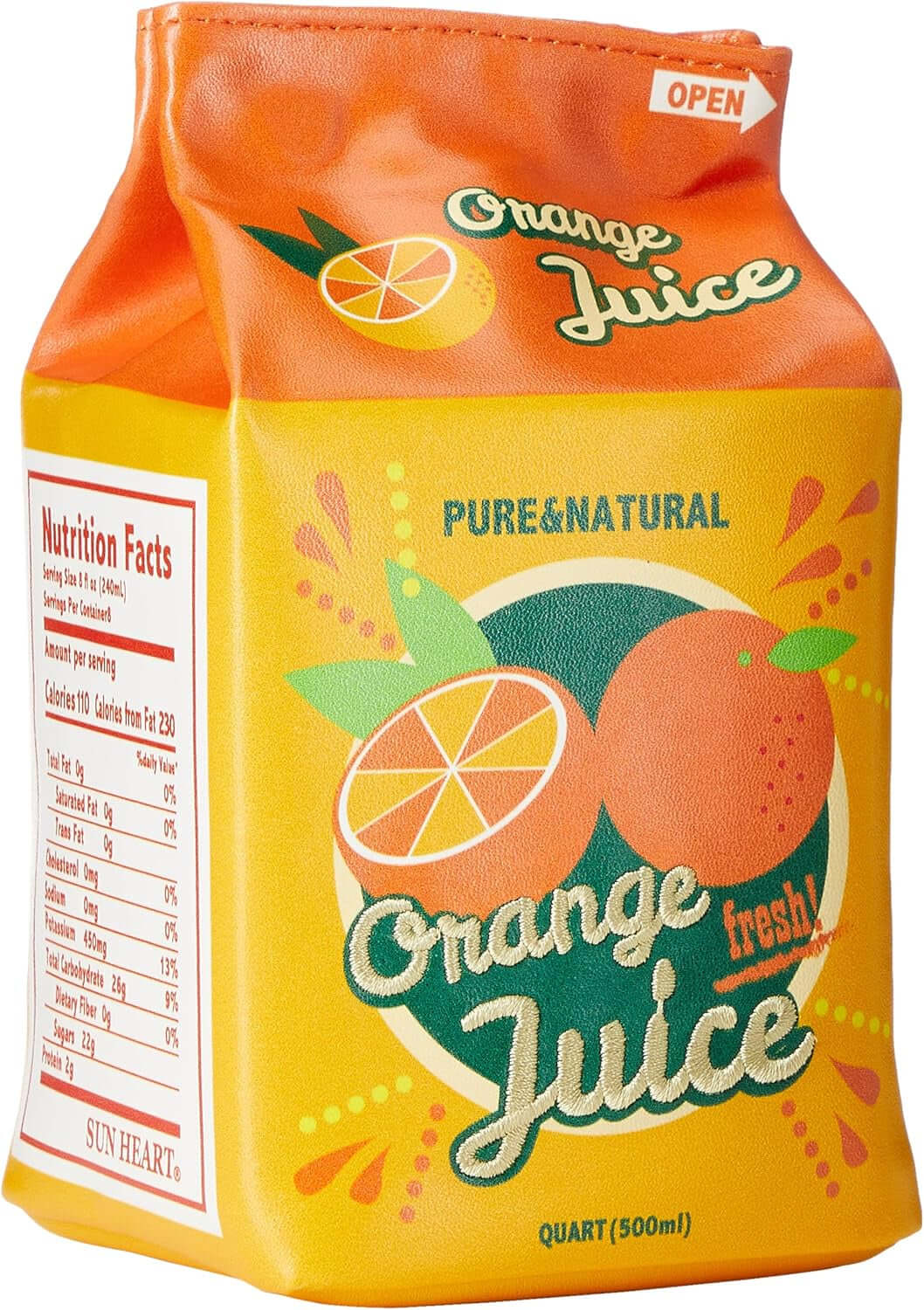 Orange juice pouch with bright design, text 'Pure & Natural,' and zipped closure, perfect for organizing pens, makeup, or snacks.