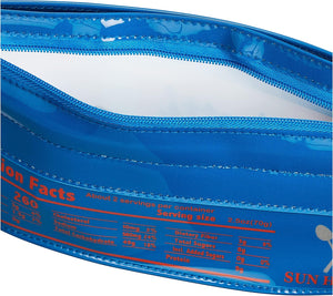 Close-up of blue Yup! Spaghetti Zipped Pouch featuring zip closure and nutritional style design, perfect for organizing essentials.