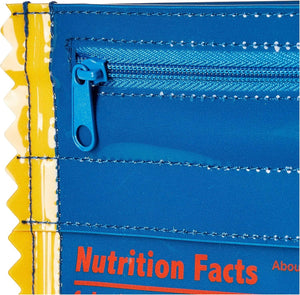 Close-up of blue Yup! Spaghetti Zipped Pouch with zip closure, showcasing nutrition facts design, ideal for organizing small items.