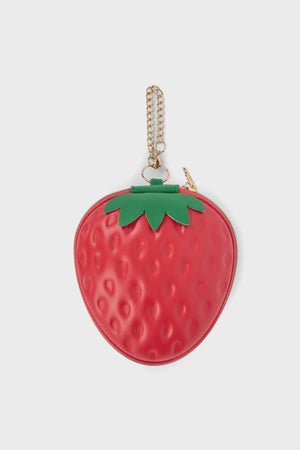 Yup! Strawberry Cake Zipped Pouch shaped like a strawberry with a soft-touch feel and gold chain, ideal for pens, makeup, or snacks