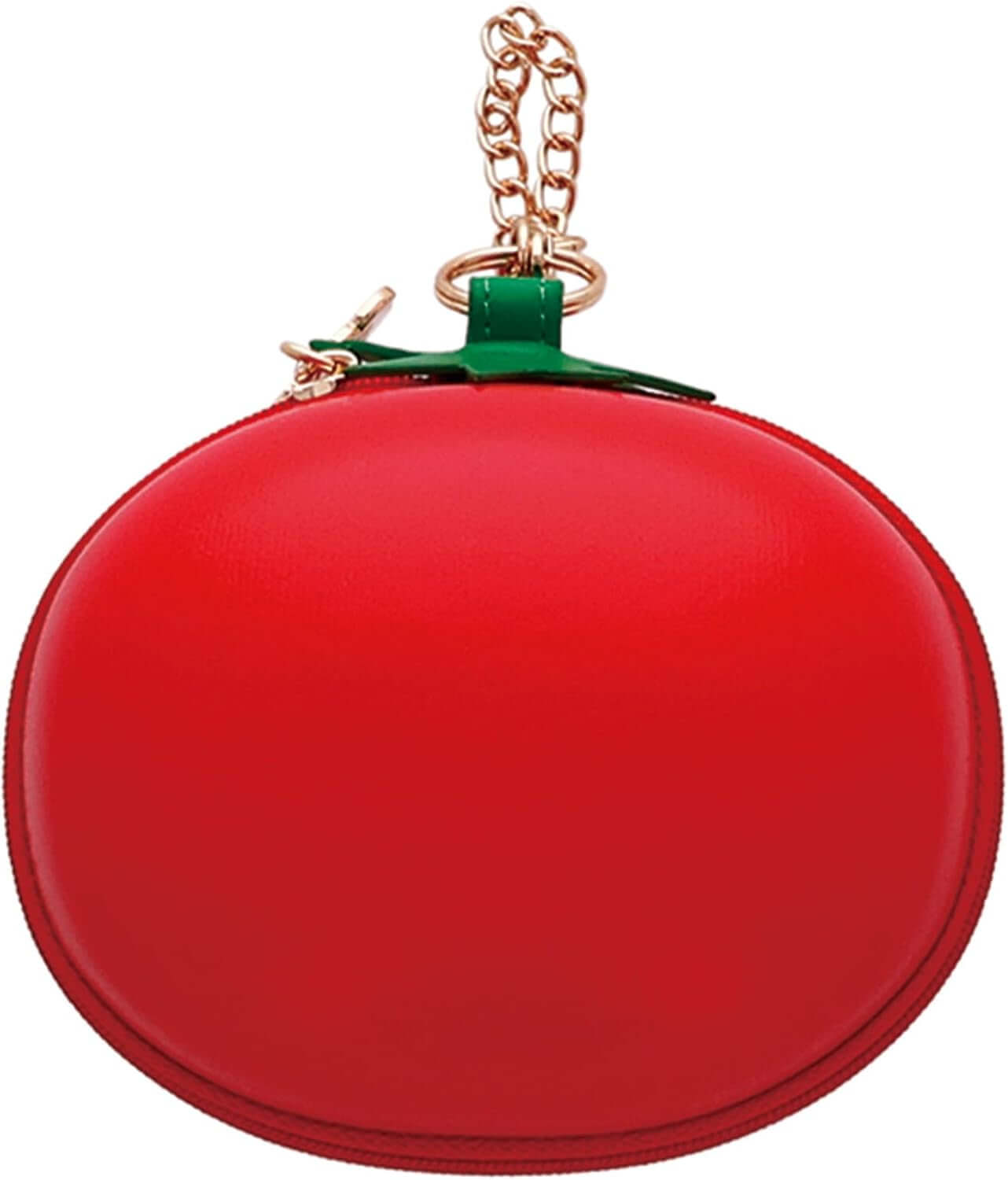 Red tomato-shaped zipped pouch with gold chain, soft-touch, ideal for organizing pens, makeup, tech gear. Fun and functional gift item.