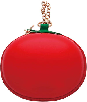 Red tomato-shaped zipped pouch with gold chain, soft-touch, ideal for organizing pens, makeup, tech gear. Fun and functional gift item.