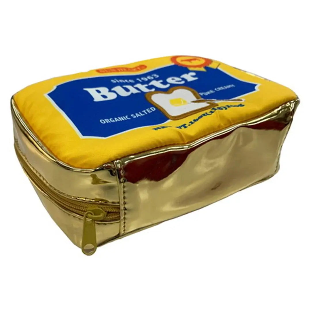 Yup! Butter Zipped Pouch shaped like butter, soft feel, gold zipper closure, perfect for pens, makeup, tech gear, or small snacks.