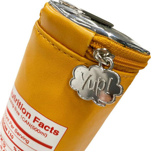 Yup! Canned Orange Juice Zipped Pouch with cloud-shaped zipper charm, showcasing nutrition facts label and vibrant orange color.