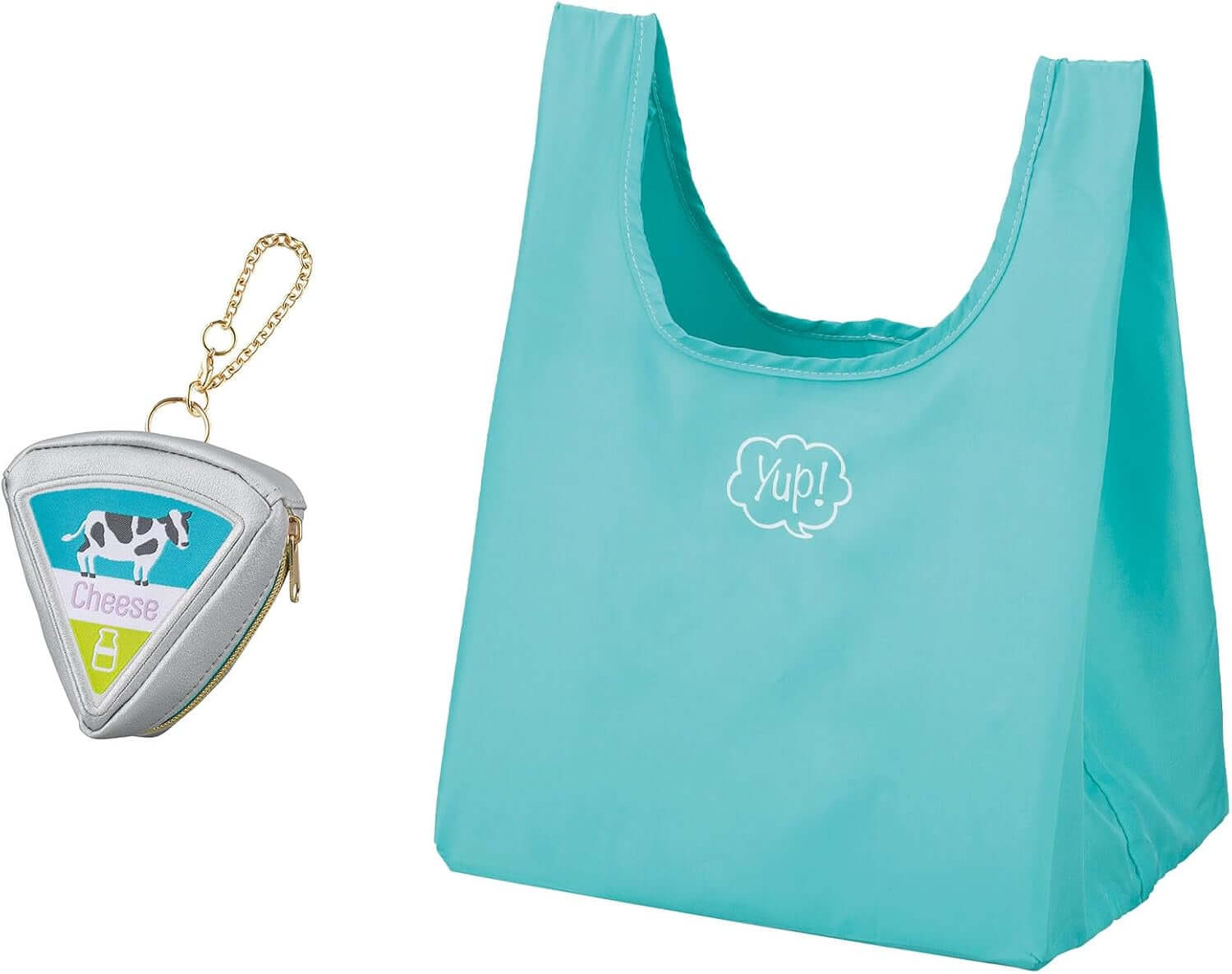 Eco-friendly Yup! Cheese zipped pouch with reusable shopping bag, stylishly designed with a playful motif. Perfect for handbags or backpacks.