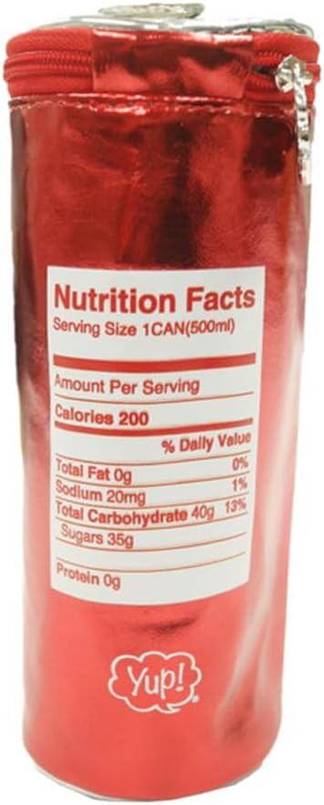 Yup! Cola Zipped Pouch shaped like a can with nutrition facts label, perfect for pens, makeup, or snacks, fun and functional organizer.