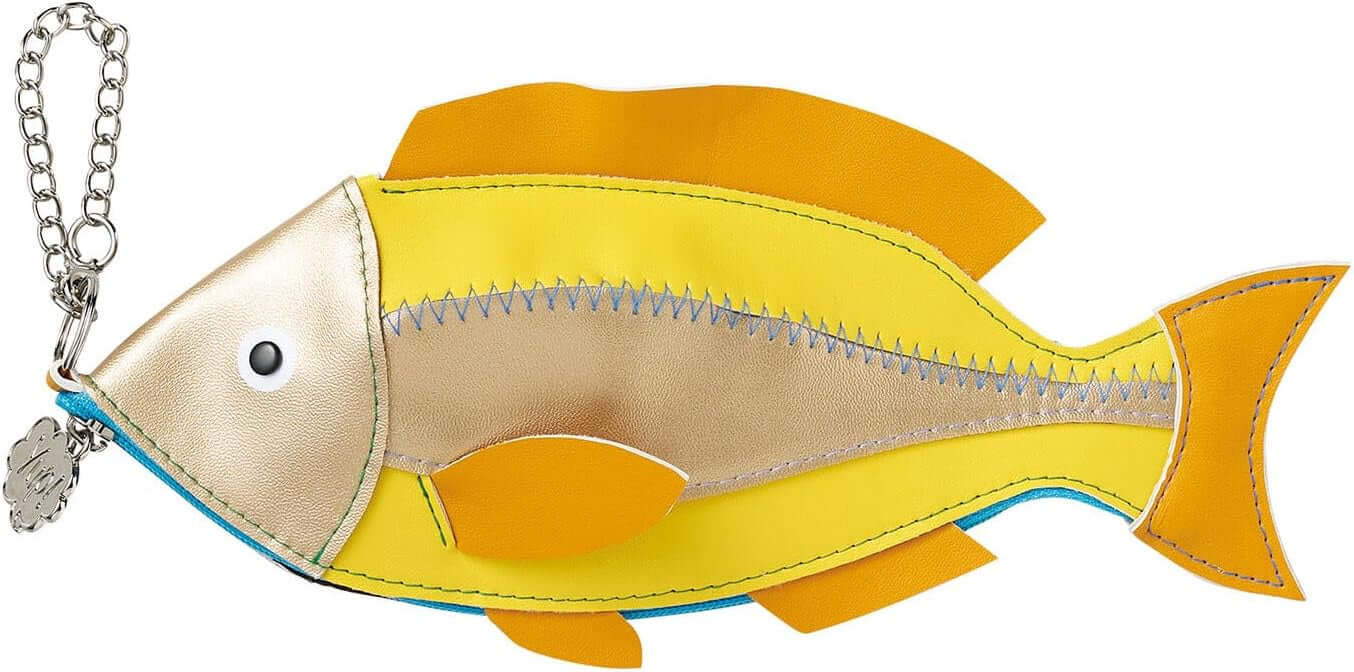 Yellow fish-shaped zipped pouch with keychain, soft-touch design, ideal for organizing pens, makeup, tech gear, and small snacks.