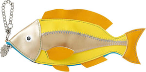 Yellow fish-shaped zipped pouch with keychain, soft-touch design, ideal for organizing pens, makeup, tech gear, and small snacks.